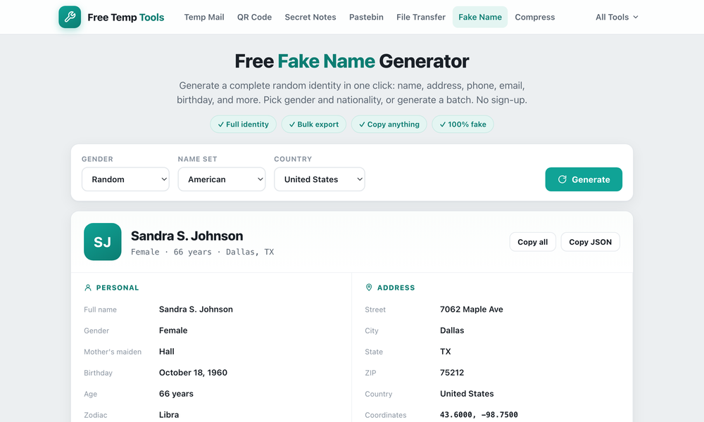 The Free Temp Tools fake name generator showing a full random identity with name, address and contact details