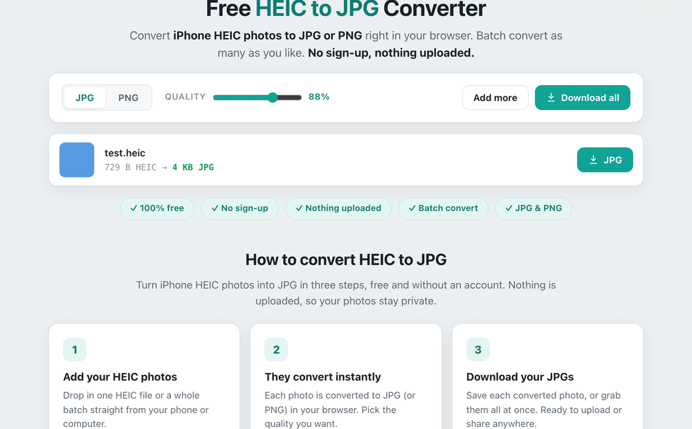 The Free Temp Tools HEIC to JPG converter turning a HEIC photo into a JPG