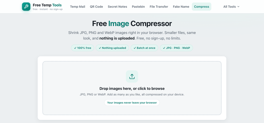 The Free Temp Tools image compressor with a drop zone to add JPG, PNG or WebP images