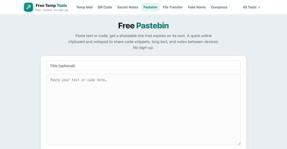 The Free Temp Tools pastebin, with a box to paste text or code and an expiry option