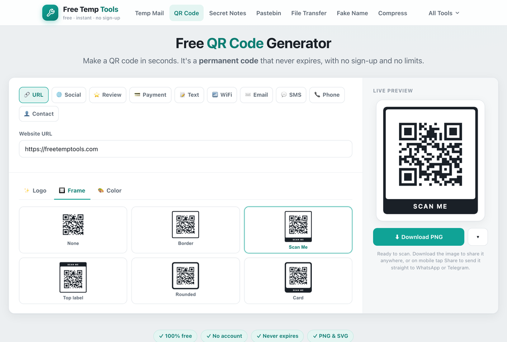 Choosing a QR code frame such as Scan Me, Border, Rounded or Card in the Free Temp Tools QR generator