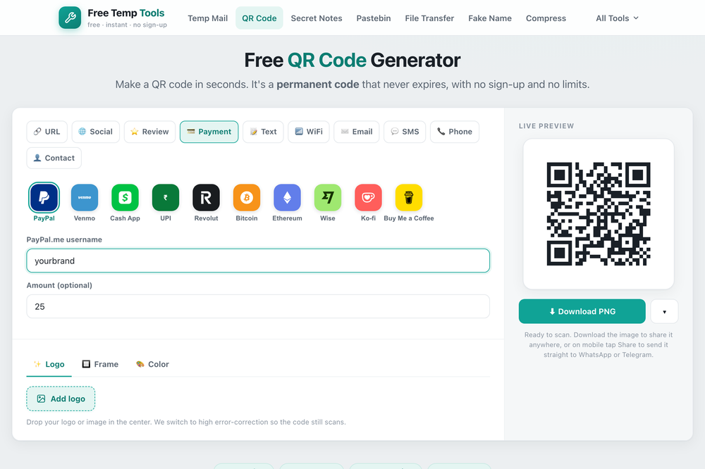 Making a payment QR code for PayPal, Venmo, Cash App, Bitcoin or Ethereum, with an optional amount