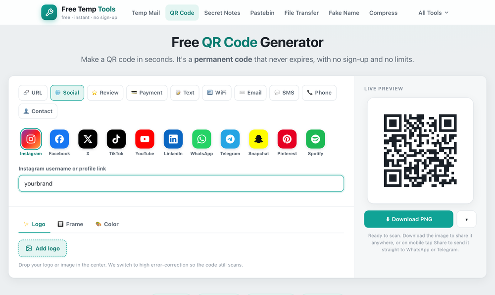 Making a social media QR code, choosing Instagram, TikTok, YouTube, WhatsApp or another platform from a strip of icons